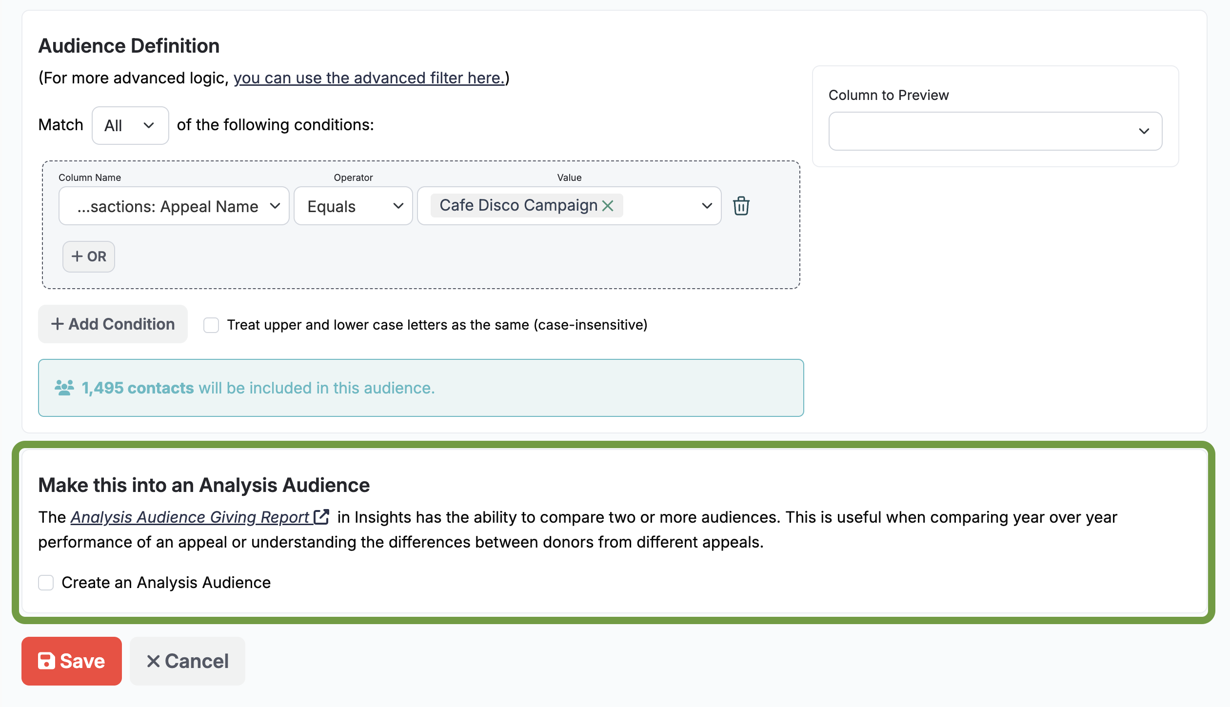 Screenshot of the audience builder with the option to create an analysis audience