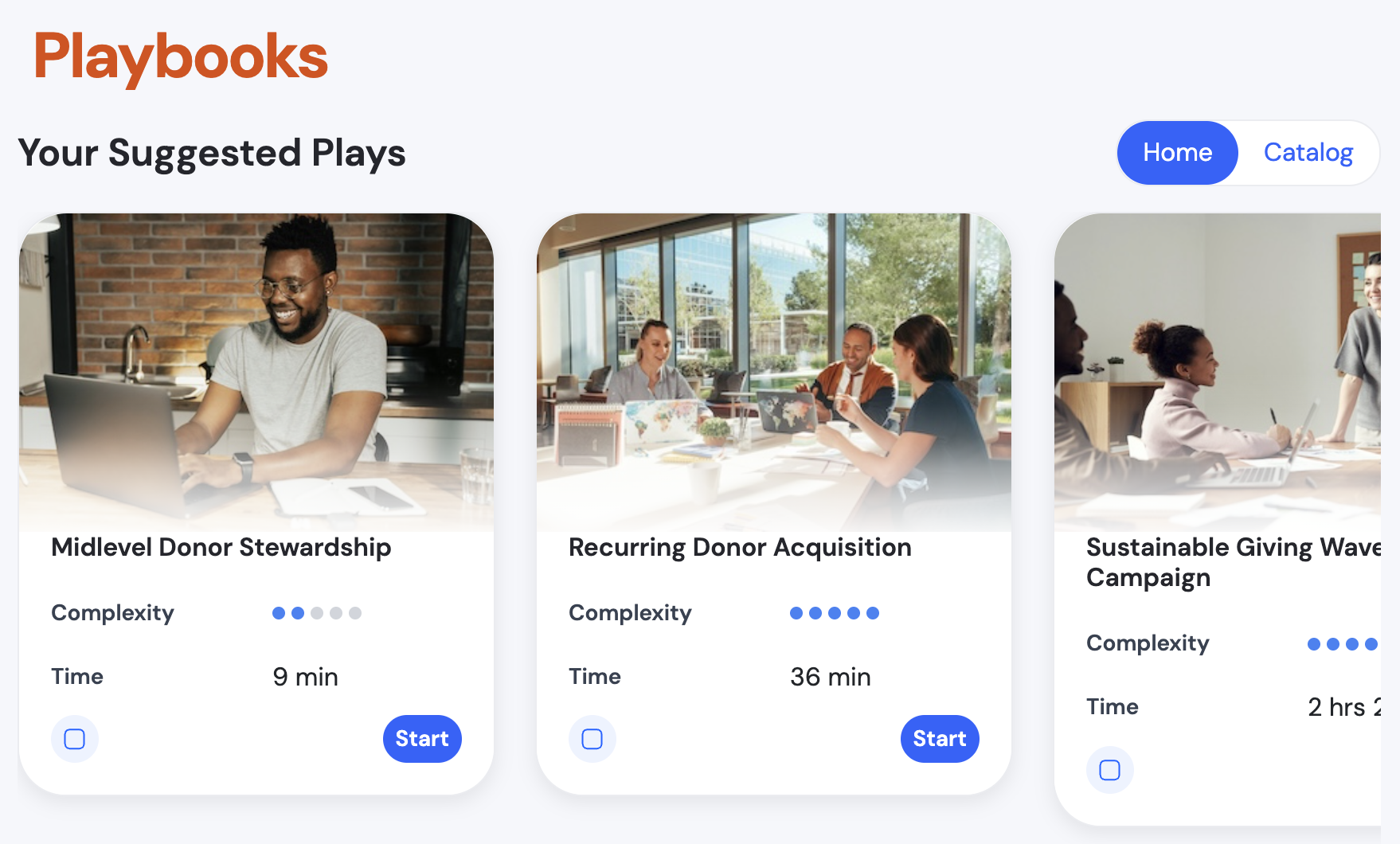 Catalog of play templates with filters and search