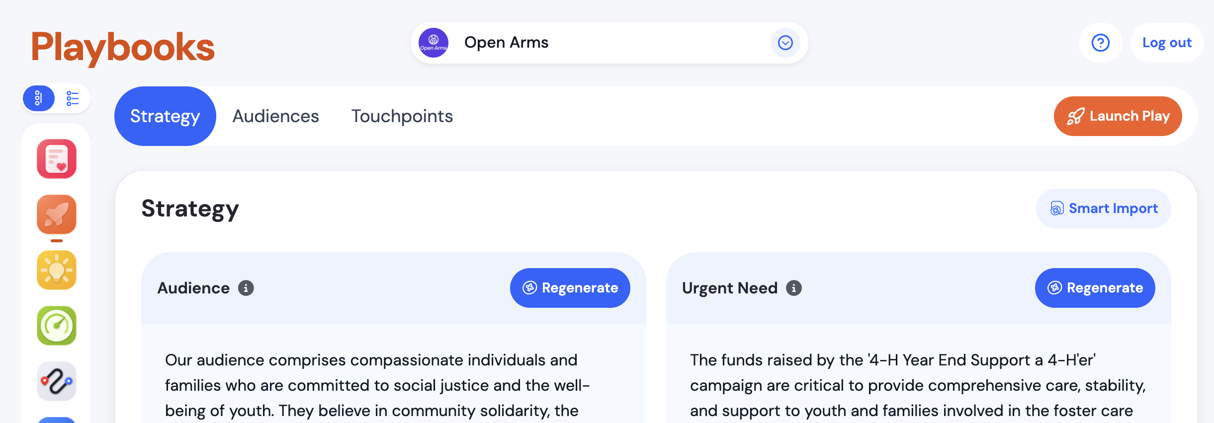 Playbook builder with tabs: Strategy, Audiences, Touchpoints
