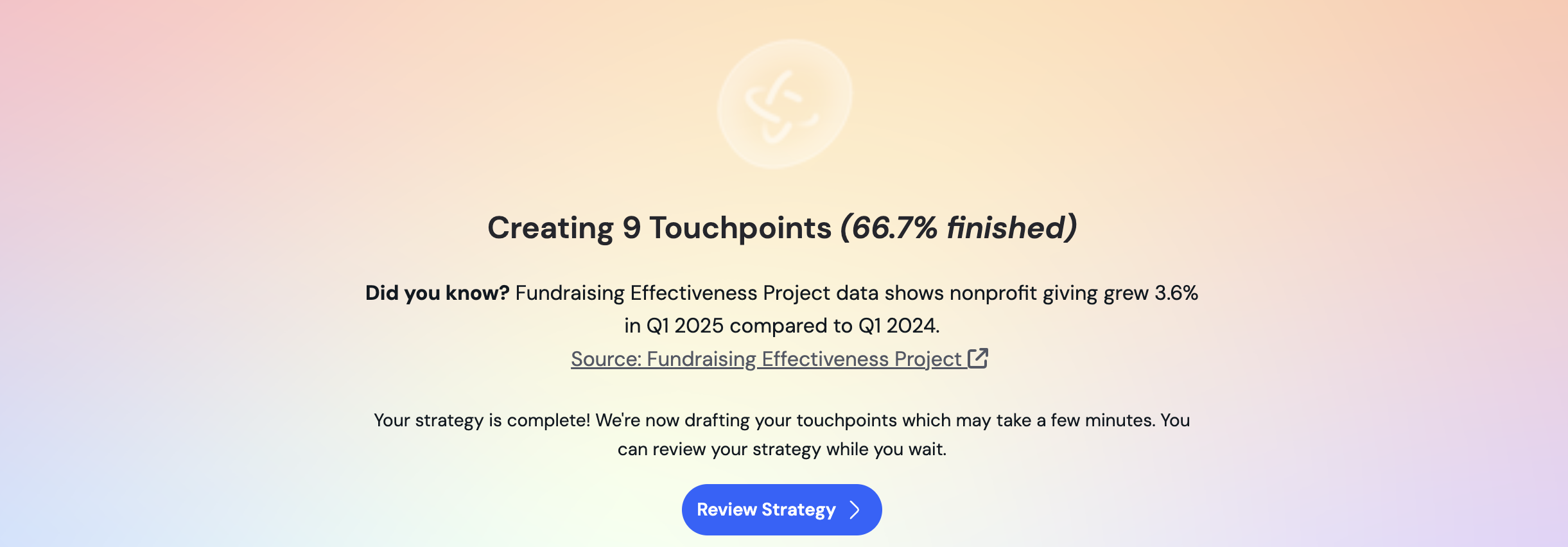 Generation progress screen preparing Strategy and Touchpoints