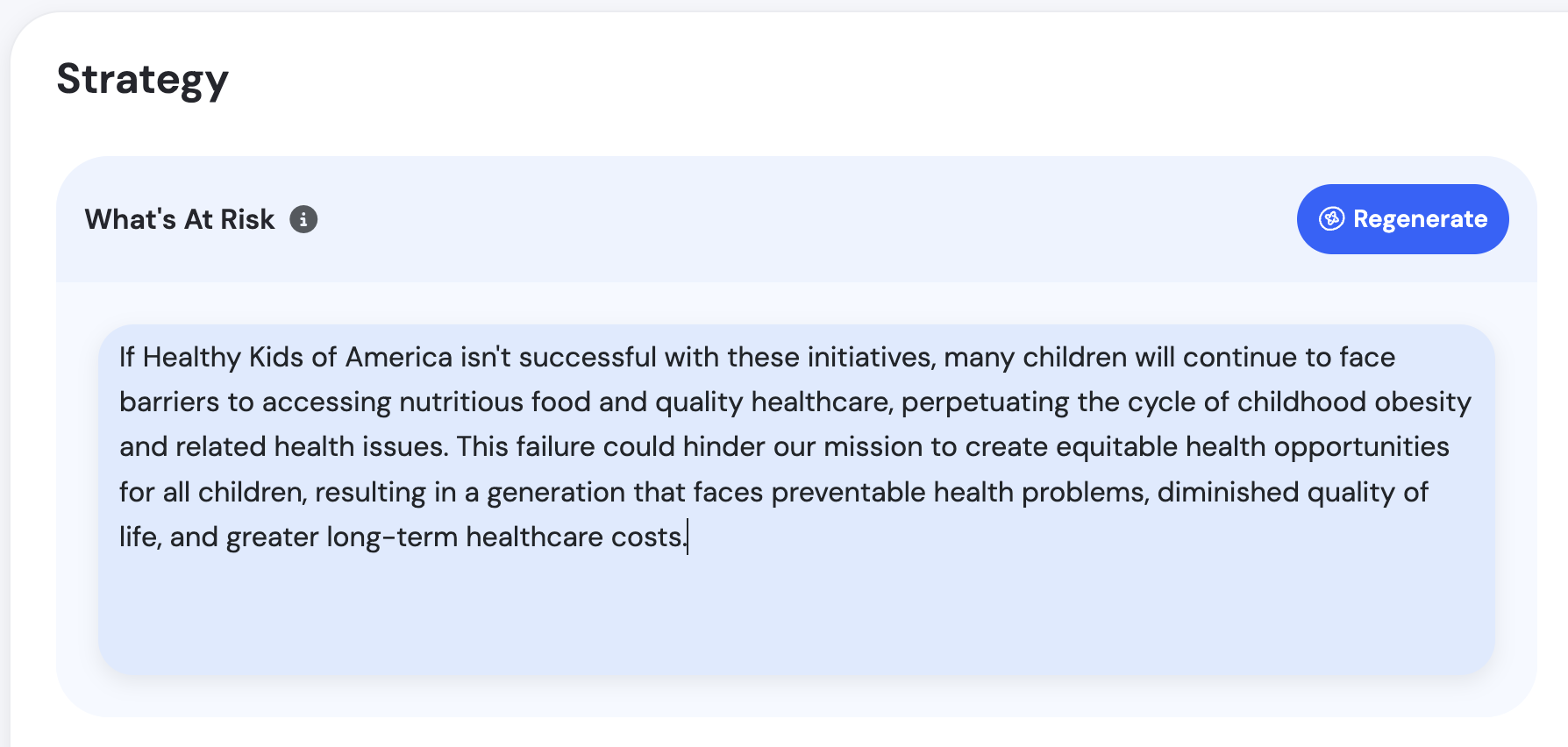 Strategy tab showing generated answers with edit and Regenerate options