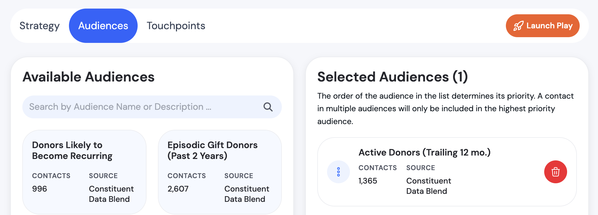Audiences tab with drag-and-drop Selected Audiences