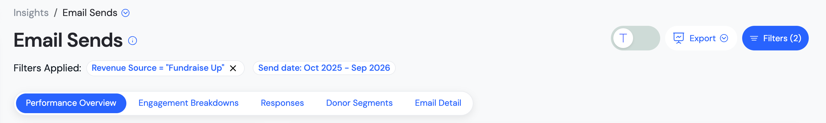 The Email Sends report header with the Filters (2) button, the Filters Applied strip showing a revenue source and a send date range, and the five report tabs