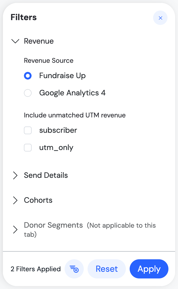 The Filters panel with the Revenue group open, showing the Revenue Source options and the Include unmatched UTM revenue choices