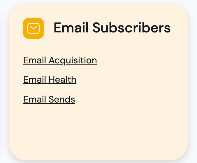 The Email Subscribers card on the Insights page, listing Email Acquisition, Email Health, and Email Sends