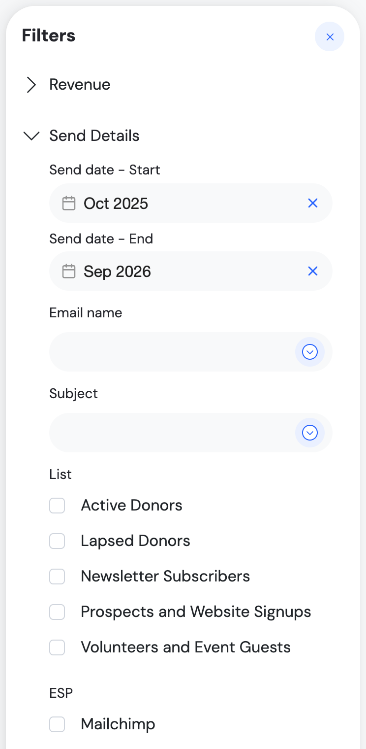 The Filters panel with the Send Details group open, showing Send date - Start, Send date - End, Email name, Subject, List, and ESP