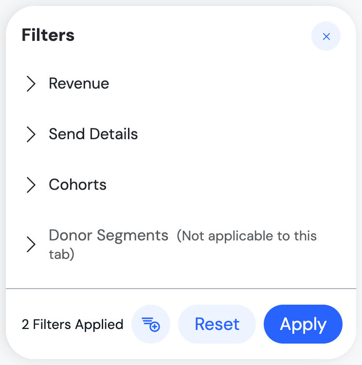 The Filters panel on the Performance Overview tab, where Donor Segments shows Not applicable to this tab