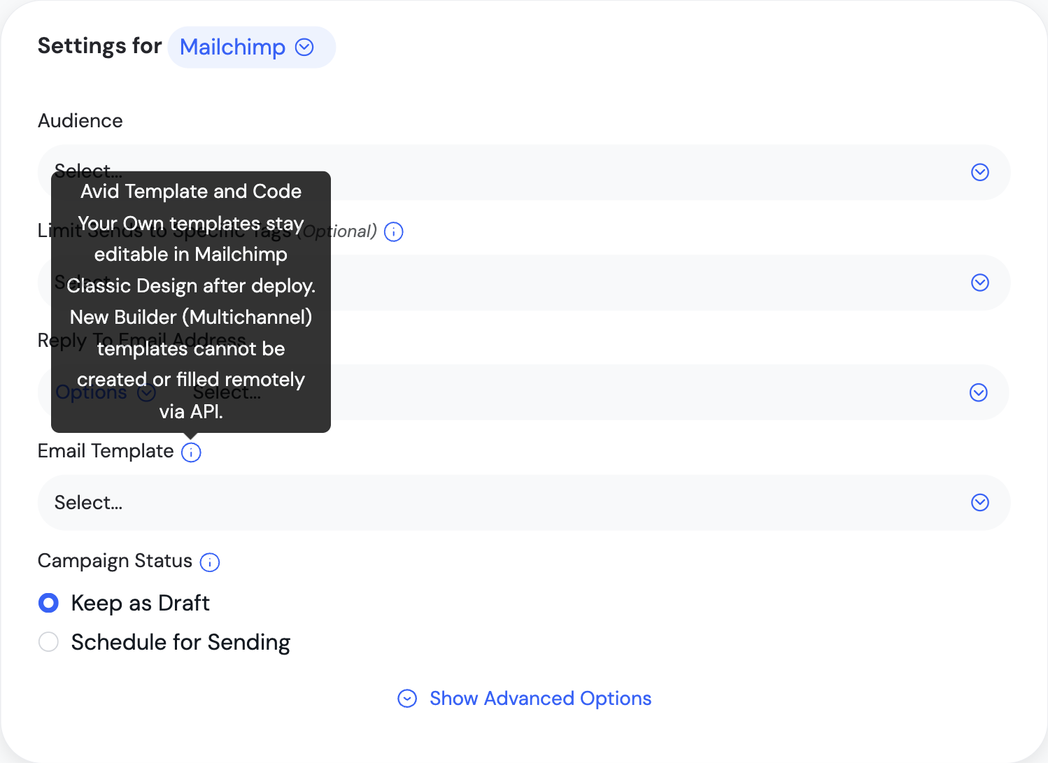 Settings for Mailchimp panel with the Audience, Reply To Email Address, and Email Template fields, and the Email Template tooltip saying Avid Template and Code Your Own templates stay editable in Mailchimp Classic Design